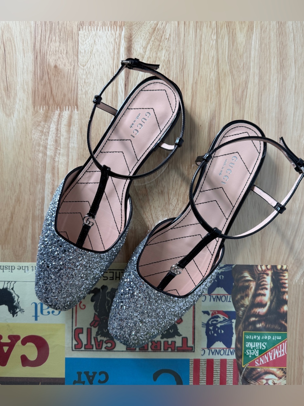 Gucci • Silver Glitter Square Toe T- Strap Flats • Women’s Size 38 • $920 - Picture 3 of 6